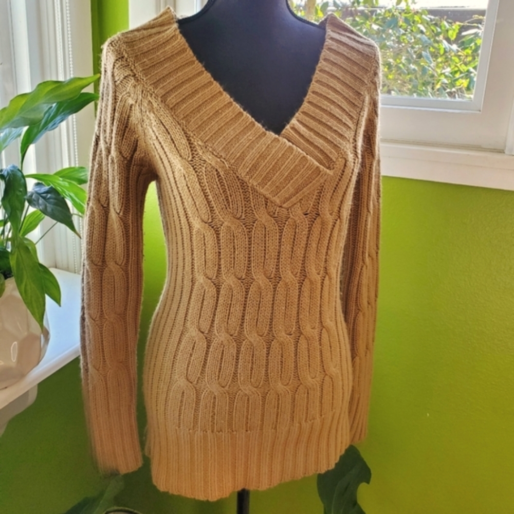 Khaki V-Neck Long Sweater